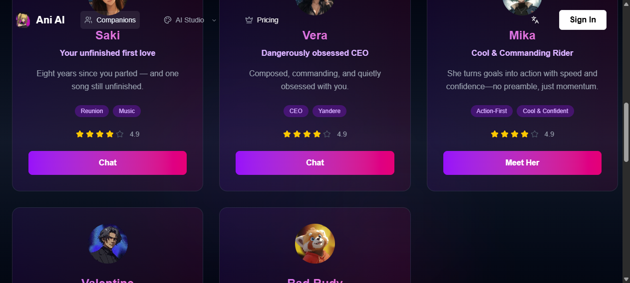 AniAI.net companion cards for Saki, Vera and Mika with tags, star displays and chat buttons